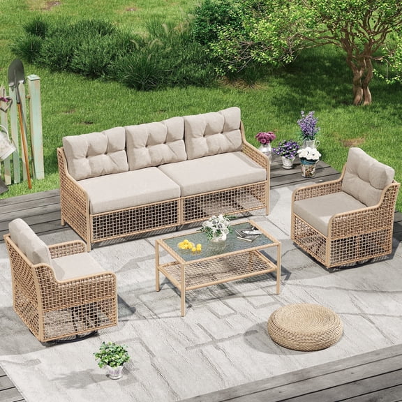 UDPATIO Patio Conversation Set, Rattan Wicker Furniture, 4 Piece Outdoor Sectional Set with Coffee Table & All-Weather Wicker, Beige