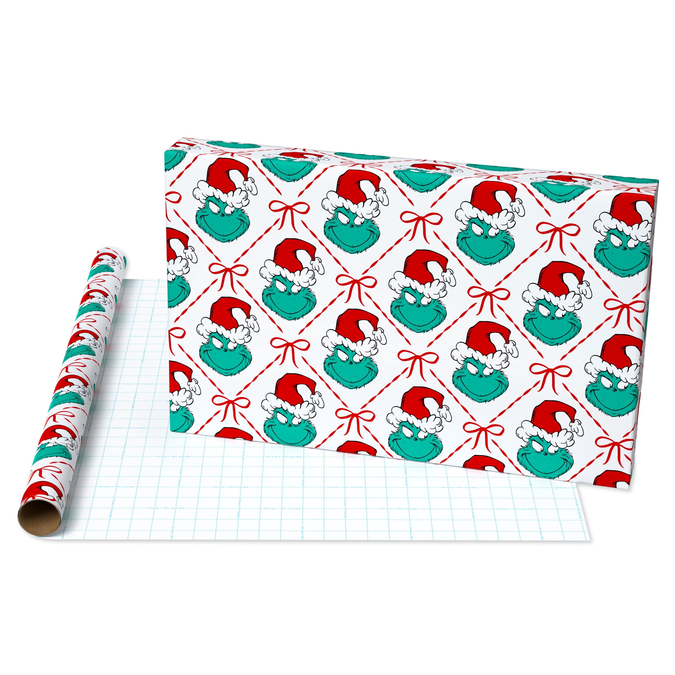 Plus Mark 40 in. Grinch and Bow White Christmas Wrapping Paper with Cutlines (60 Sq. ft., 1-Roll)