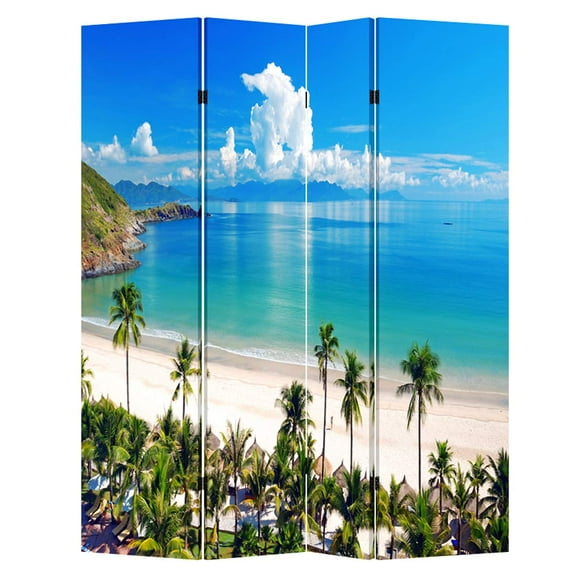 4 Panels Privacy Screen Room Divider Partition with Beach Hut Canvas, Water Resistant for Living Room, Bathroom, Home Office or College Dorm, Wood Frame