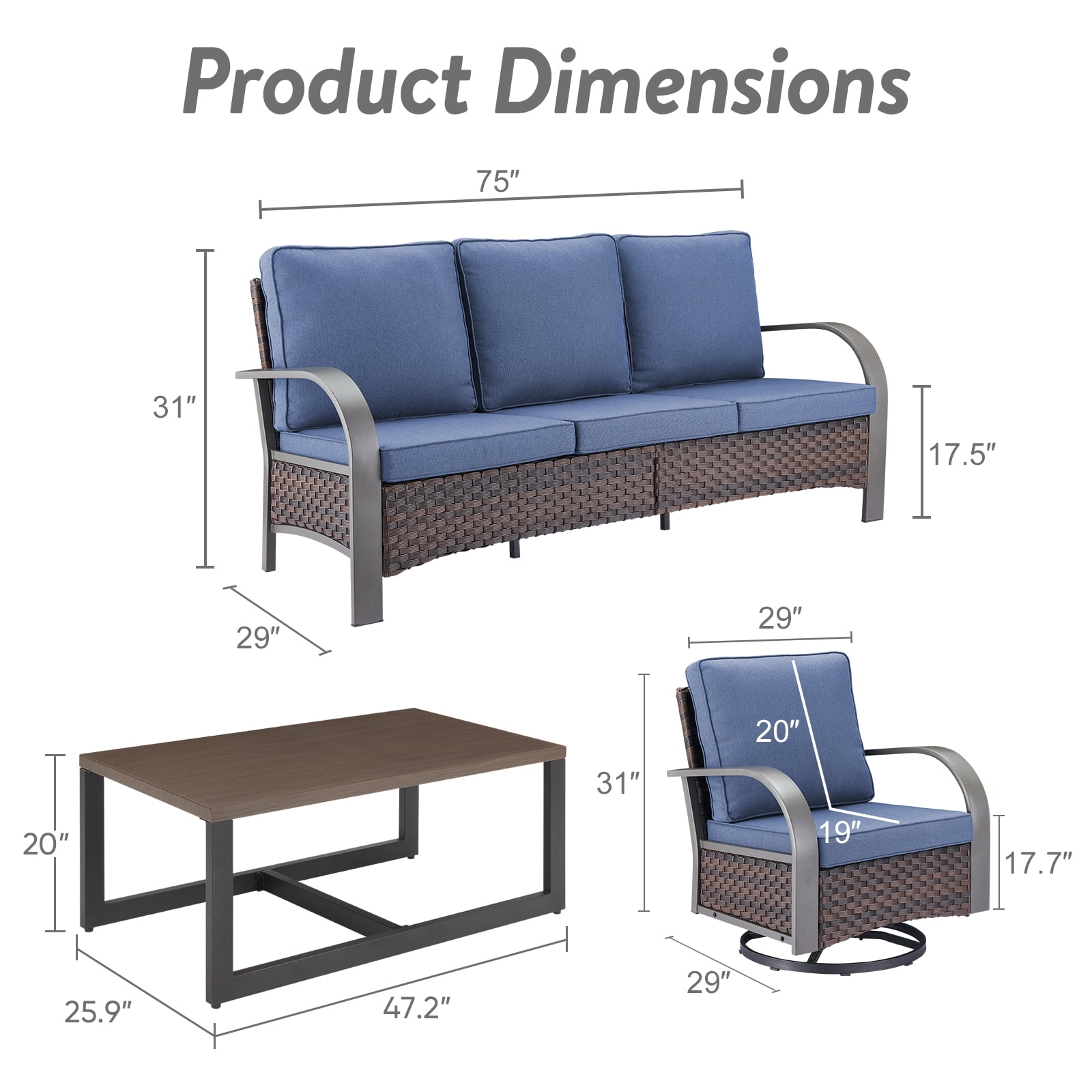 OPOHORO 4-Piece Outdoor Patio Conversation Set, 75-Inch Wicker Sofa with 2 Swivel Rocker Chairs and Coffee Table, Brown Rattan Furniture with Blue Cushions for Deck or Porch