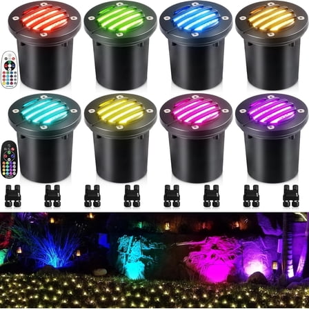 SUNVIE Christmas RGBW Well Lights Low Voltage Landscape LED In Ground Color Changing Outdoor Lighting, 8 pack