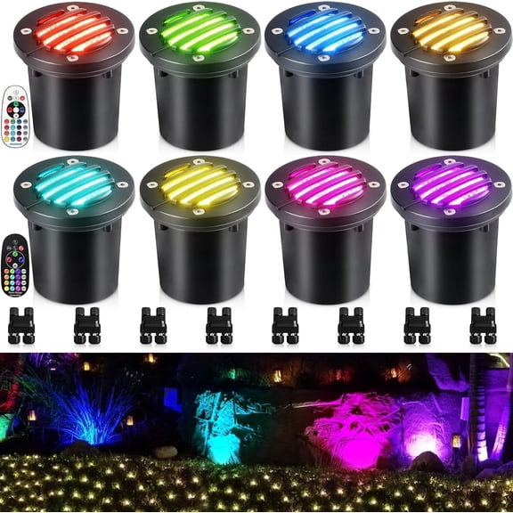 SUNVIE Christmas RGBW Well Lights Low Voltage Landscape LED In Ground Color Changing Outdoor Lighting, 8 pack