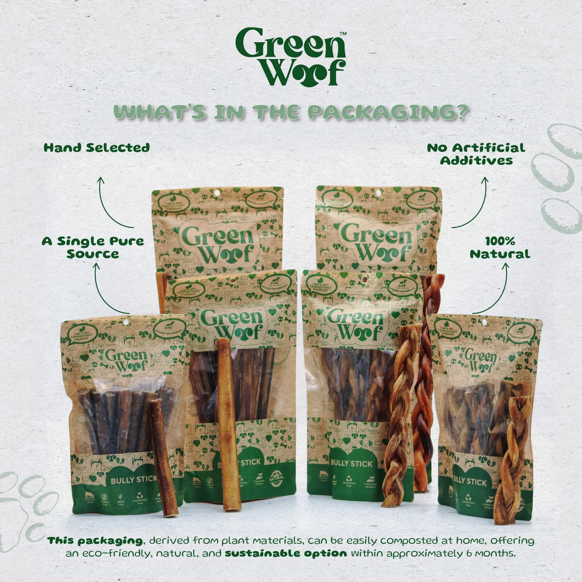 Green Woof, Bully Sticks (6 Inch), Easily Digestible 100% Pure Beef Treats, Pasture-Raised, Organic, Grain-Free, Durable and Long-Lasting Chews for Medium & Large Dogs (Medium, 20, Count)