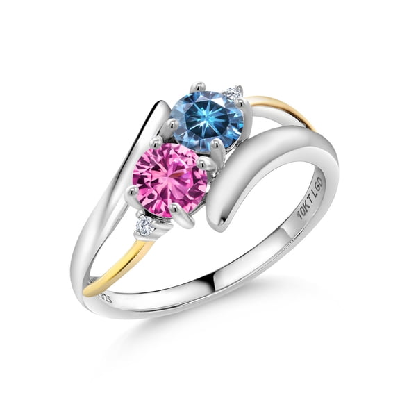 Gem Stone King 925 Silver and 10K Yellow Gold Ring Round Persian Blue Moissanite and Created Sapphire Pink (1.07 Cttw, Size 7)