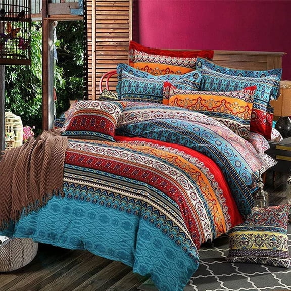 3 Piece Colorful Retro Bohemian Duvet Cover Set Mandala Striped Reversible Boho Queen Comforter Cover Sets,Queen Size