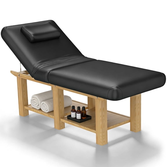 Professional Wooden Massage Table Heavy Duty Salon Facial Bed,Adjustable Backrest with Face Pillow PU Leather for Beauty Treatment,Spa,Tattoo,Esthetics(Black)