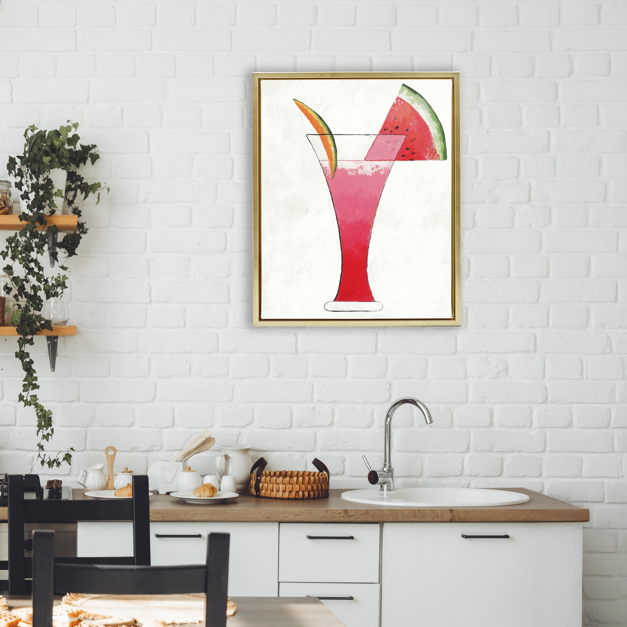 Stupell Industries Summer Cocktail Watermelon Slice Gold Framed Floater Canvas Wall Art, design by Lorenzo Collective