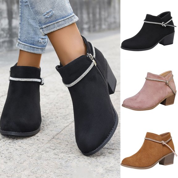 Taqqpue Women's Boots, Women's Fashionable And Casual Versatile Cool Solid Color Heel Rhinestone Eye-Catching Fall And Winter Style Comfortable Low Heel Thick Heel Short Boots for Women