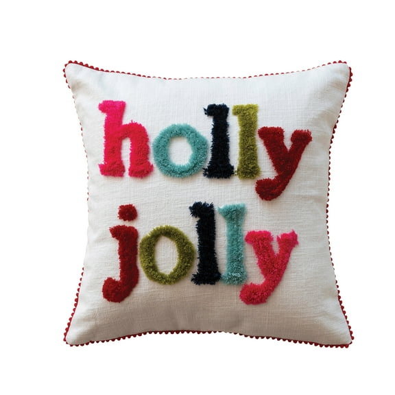 Creative Co-Op Square Cotton Slub Pillow with Tufting and Pom Pom Trim "holly jolly", Multicolor