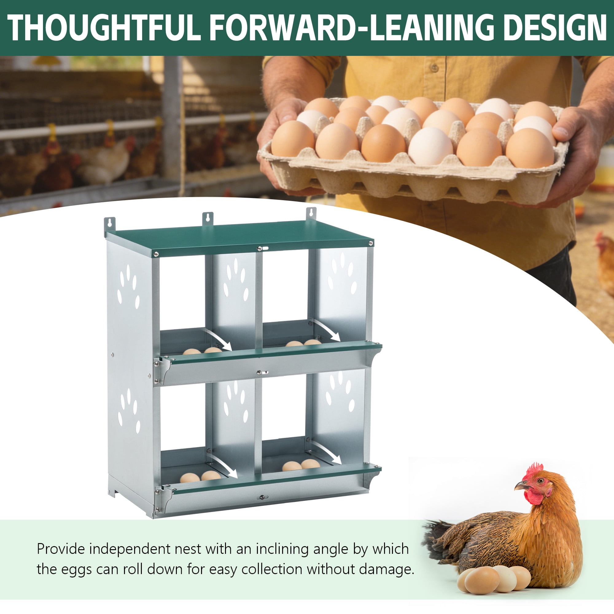 4 Compartment Galvanized Steel Chicken Nesting Boxes, Wall Mount Chicken Egg Laying Box with Sloped Roof & Vents, Green Poultry Nest Box for All Breeds