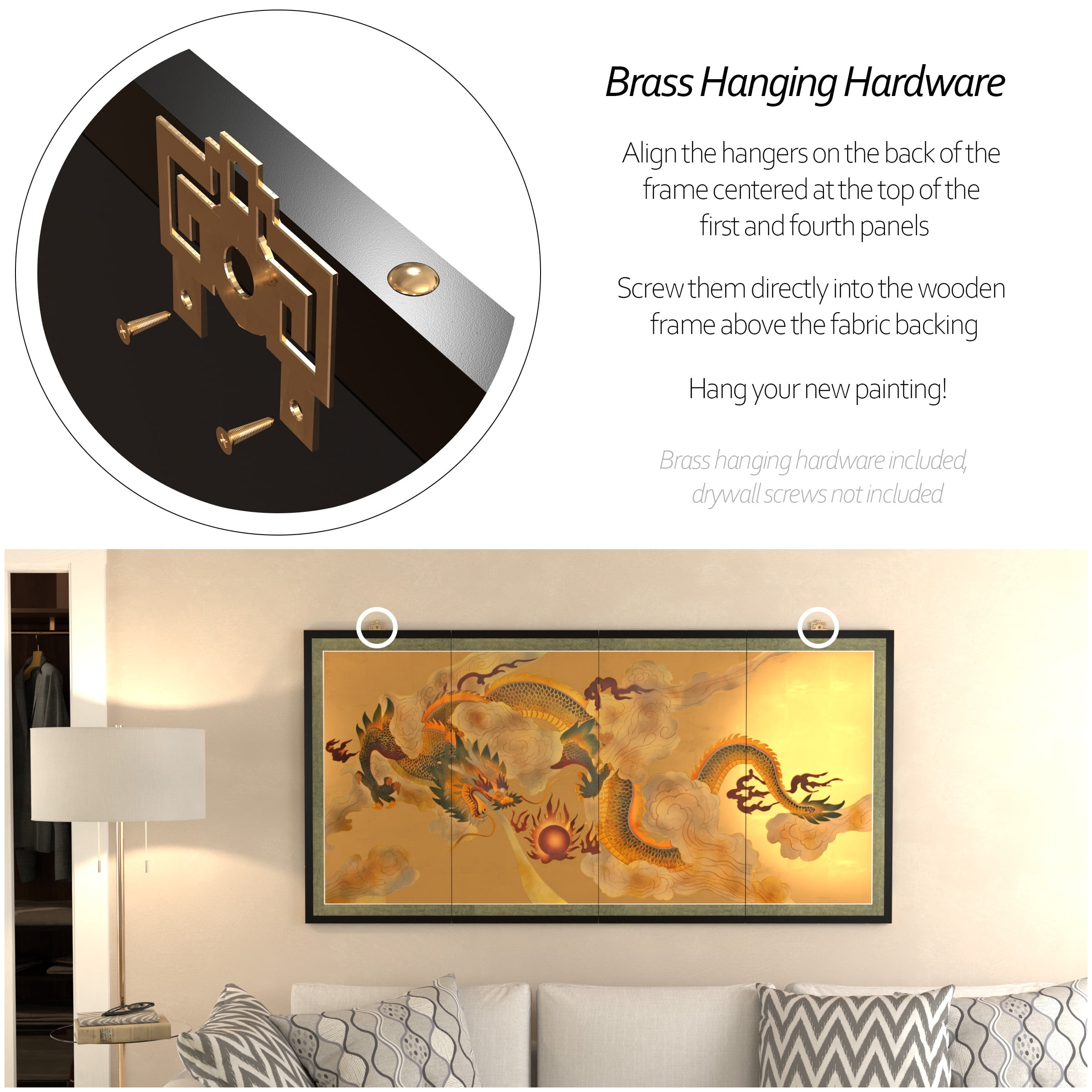 6ft. Long Handpainted Goldleaf Chinese Silk Wall Art Screen - Sky Dragon