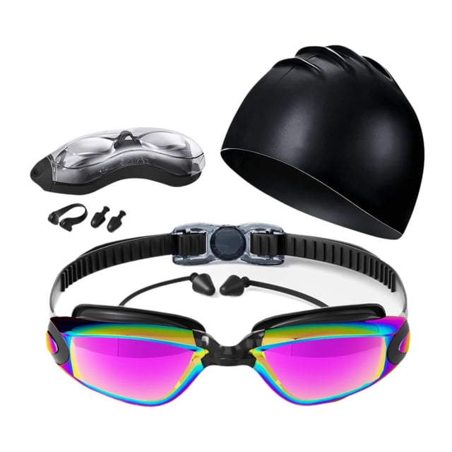 Juego de 5 piezas de gafas y gorro de natación para hombres, mujeres y adultos. Gafas de natación para piscina. Violeta negra