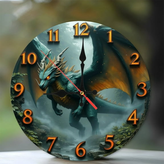 Fantasy Dragon Wall Clock 10-Inch Silent Wooden Wall Clock, Battery Operated (AA Batteries Not Included), Artistic Home Decor