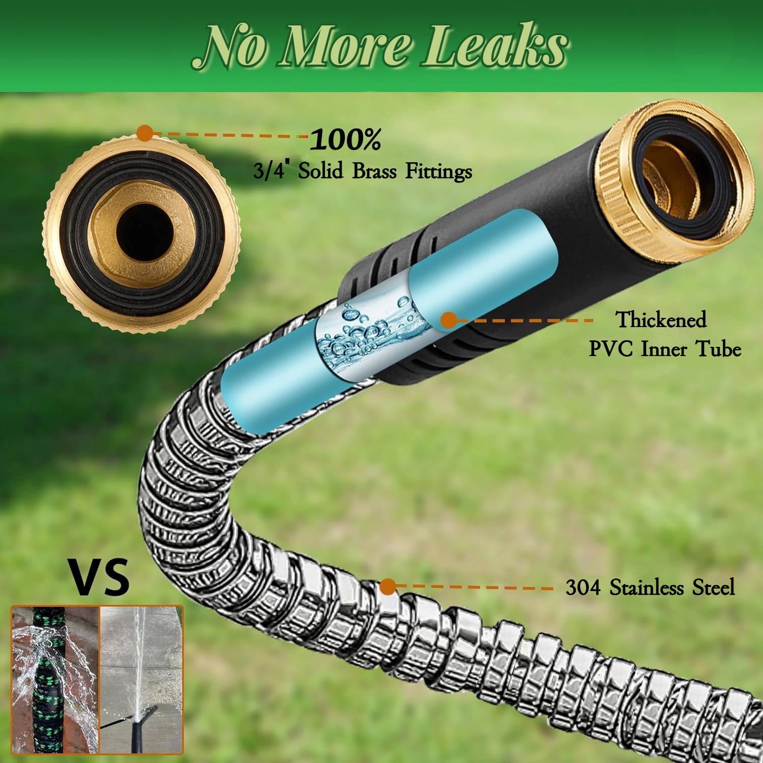 Teblint Metal Garden Hose 100ft, 304 Stainless Steel Garden Hose, Heavy Duty Water Hoses with 10 Function Hose Nozzle, Flexible, No Kink & Tangle, Puncture Proof Hose for Yard, Outdoors, Rv