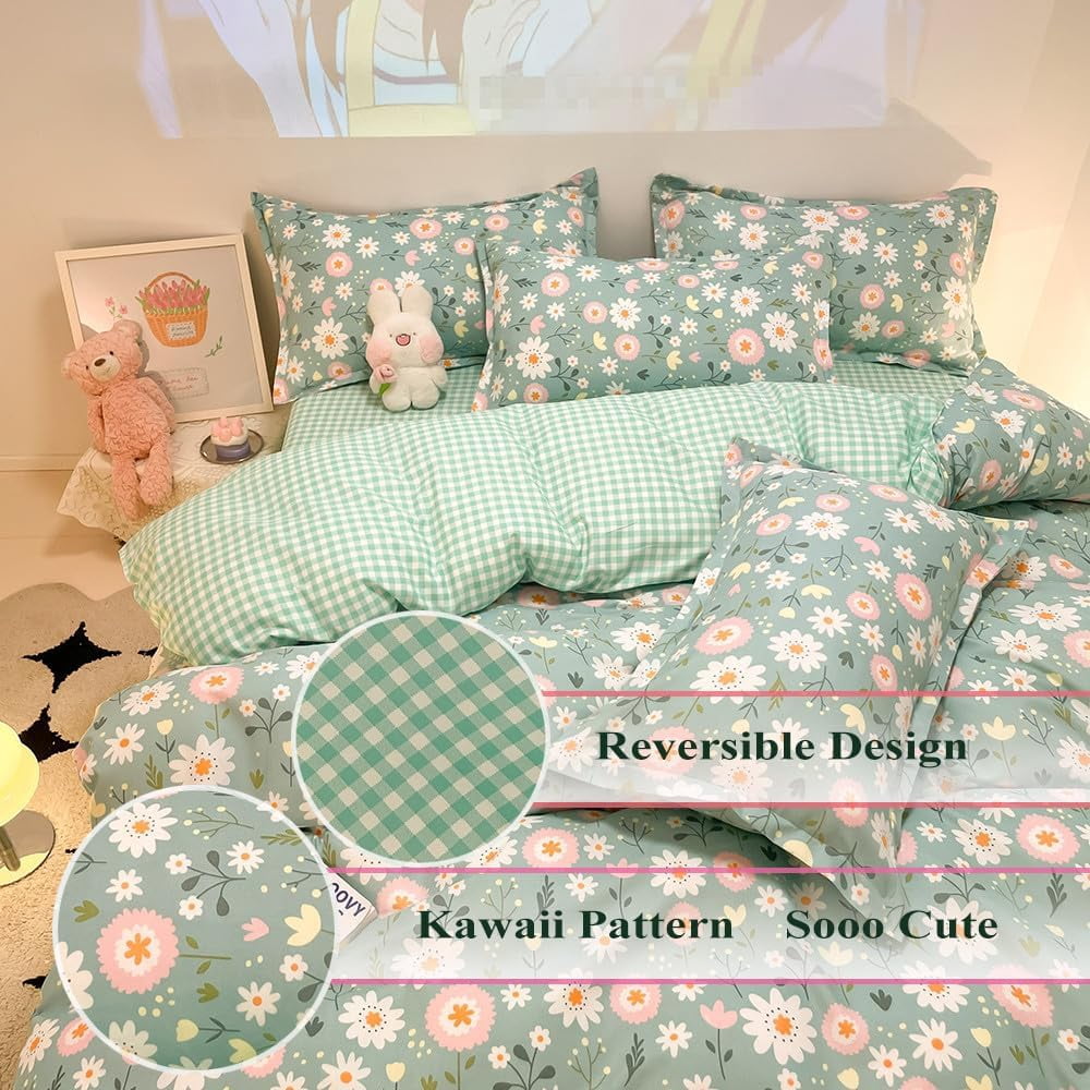CinYana Sage Green Duvet Cover,Botanical Daisy Floral Duvet Cover Set,3 Pcs Kids Comforter Cover Set,Garden Flower Bedding Set,Soft Reversible for Girls Women Boys