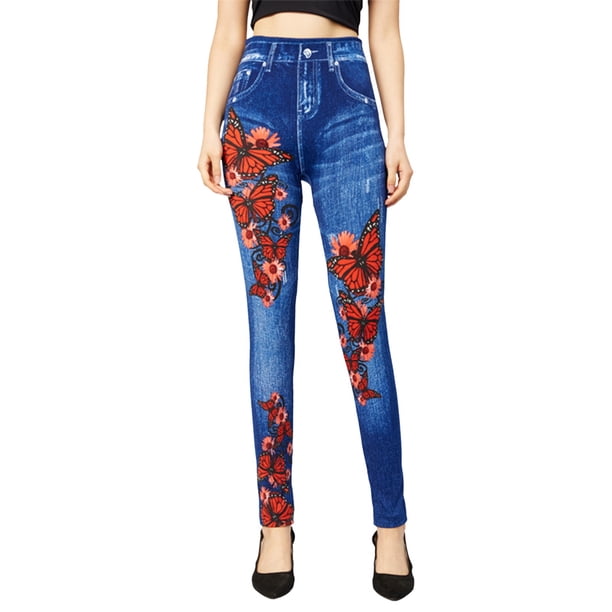 Gibobby Leggings térmicos mujer Leggings de mezclilla de imitación para mujer, pantalones de nueve puntos, sin costuras, estampados, ropa exterior(Rojo,G)