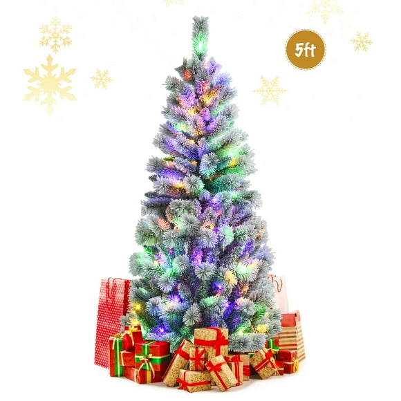 Patiojoy Sapin de Noël Enneigé de 5 Pi Pré-Illuminé, Sapin de Noël Artificiel Articulé avec 140 Lumières DEL Multicolores Télécommandées