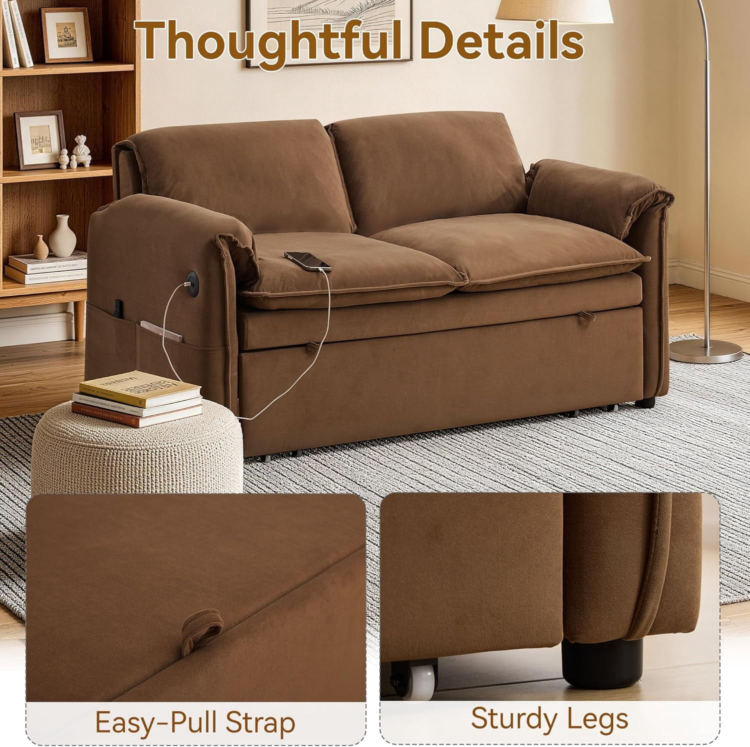 63" Velvet Pull Out Couch, 3-in-1 Convertible Sleeper Sofa Bed with Adjustable Backrest, USB Charging Ports, Side Pockets, Modern Loveseat for Living Room, Bedroom, Apartment, Brown