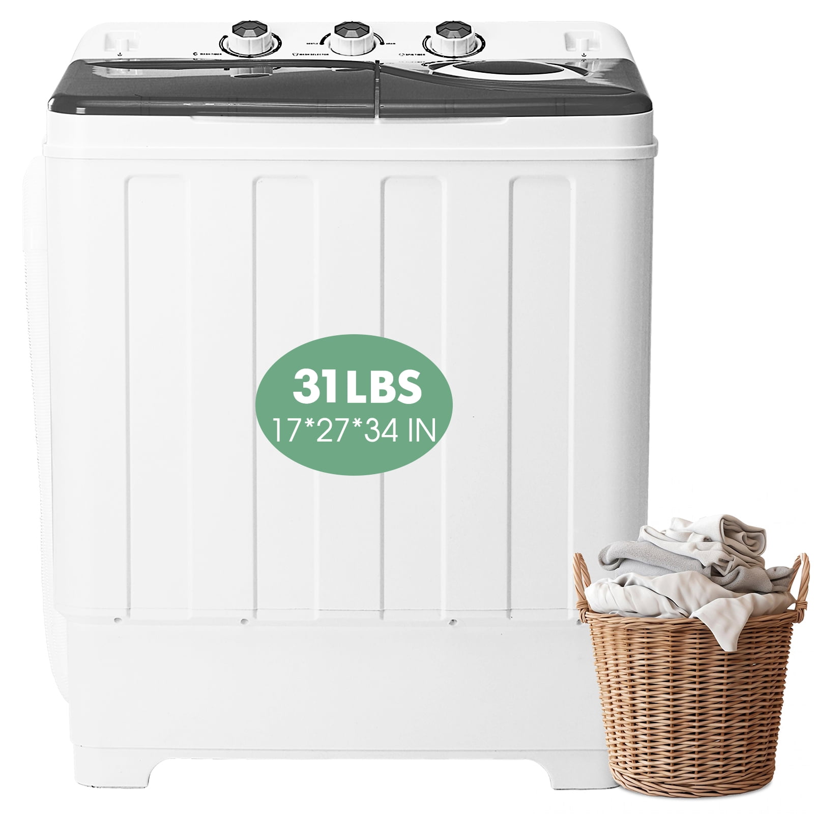 Dawmilon Portable Twin Tub Washing Machine, 28 lb Capacity with Drain Pump, Compact Washer for Apartments, Dorms & RVs, Grey