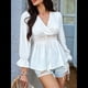 thumbnail image 5 of Blusa Cruzada con Cuello en V y Mangas Largas Abullonadas para Mujer, Camiseta Informal con Dobladillo con Volantes para y Verano. XL, 5 of 10
