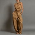 thumbnail image 2 of Tqcoqu Women's Sleeveless Tie Neck Cutout Romper,Elastic Waist Wide Leg Linen Blend Jumpsuit with Pockets & Back Zipper,Khaki Women's S-XXXL, 2 of 6