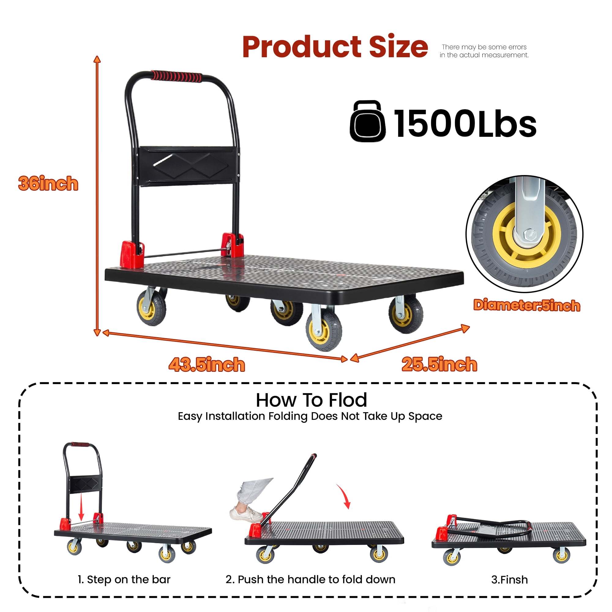 25.5"x43.5" Platform Truck, Foldable Handcart with 5" TPR 360-Degree Silent Wheels, 1500lbs Heavy-Duty Push Dolly Cart, 5 Steel Load-Bearing Beams for Warehouse Garage Home Use