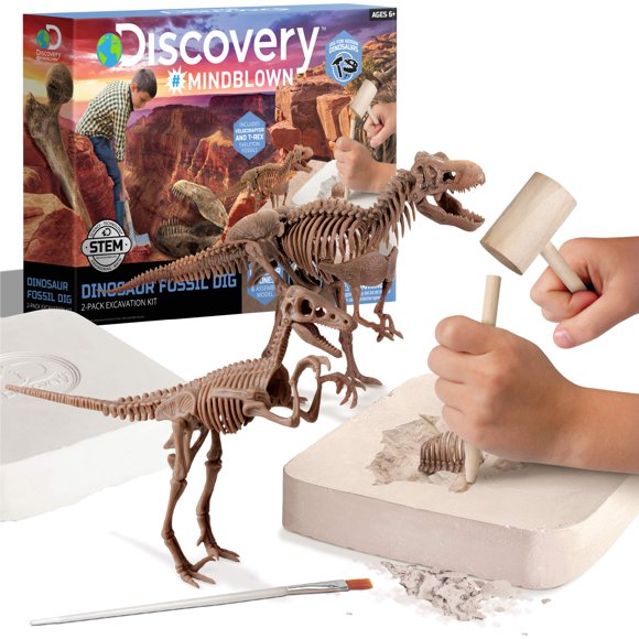Discovery #MINDBLOWN Dinosaur Fossil Dig Excavation Kit, 15-Piece T-Rex & 10-Piece Velociraptor, 3D Skeleton Puzzle Display Models, Includes Tools & Safety Glasses, Jurassic D