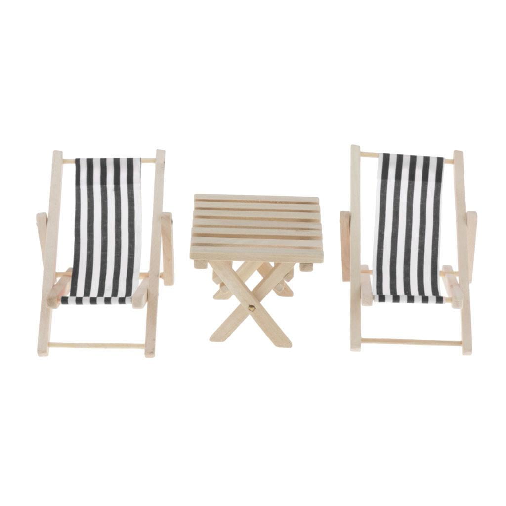 4pcs 1:6 Dollhouse Striped Beach Chair Table Snacks Set Life Scene Decor B 