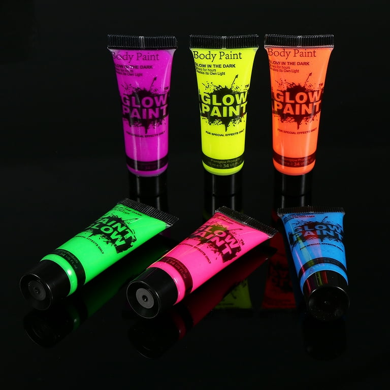6 Bottles, 1 oz. Each Body Paint Glow Blacklight Reactive Neon Fluorescent  Paint - Safe For Skin - Washable - Non-Toxic - Six Colors Kit