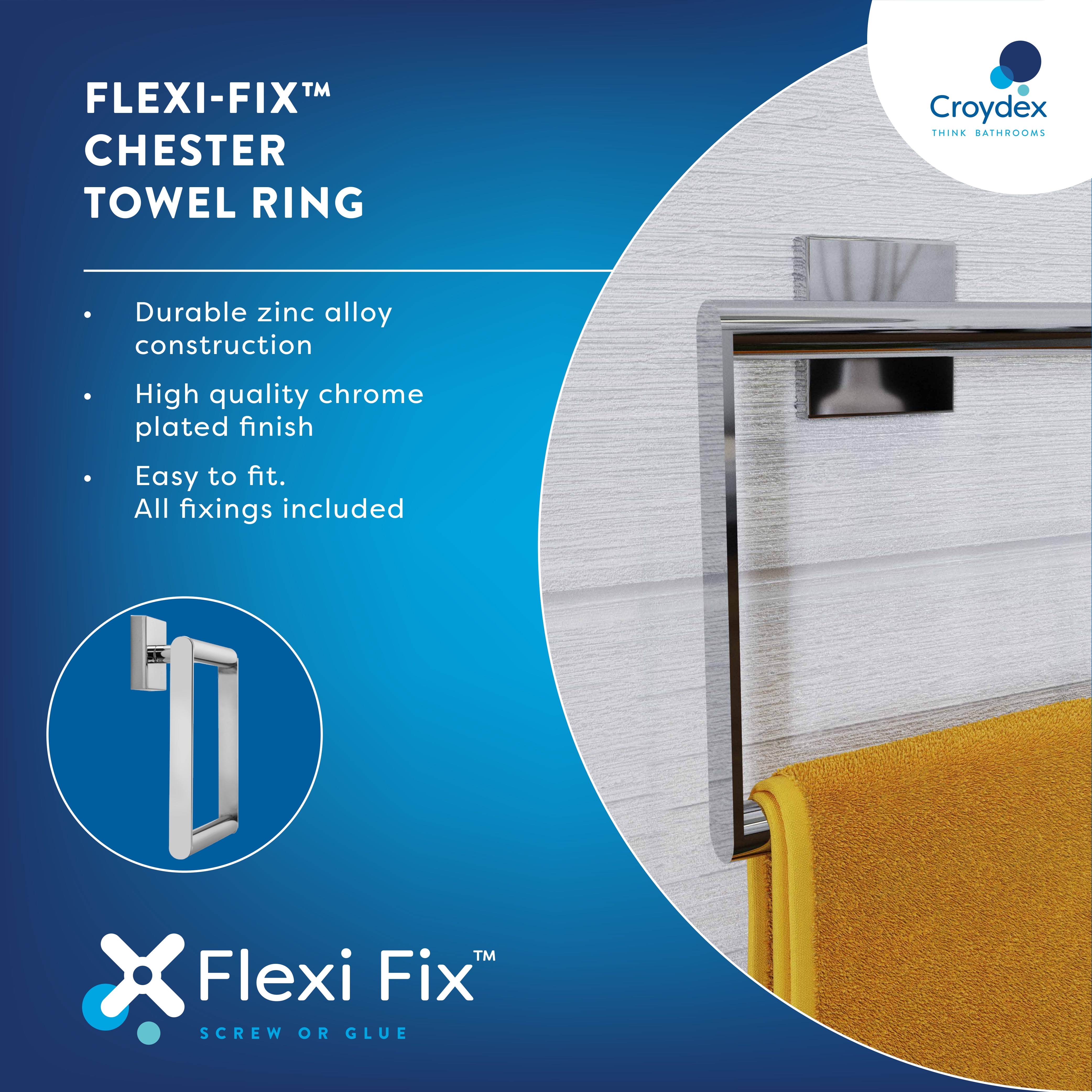 Croydex Chester Flexi-Fix Screw or Glue Square Modern Towel Ring in Chrome (6x6.6in)