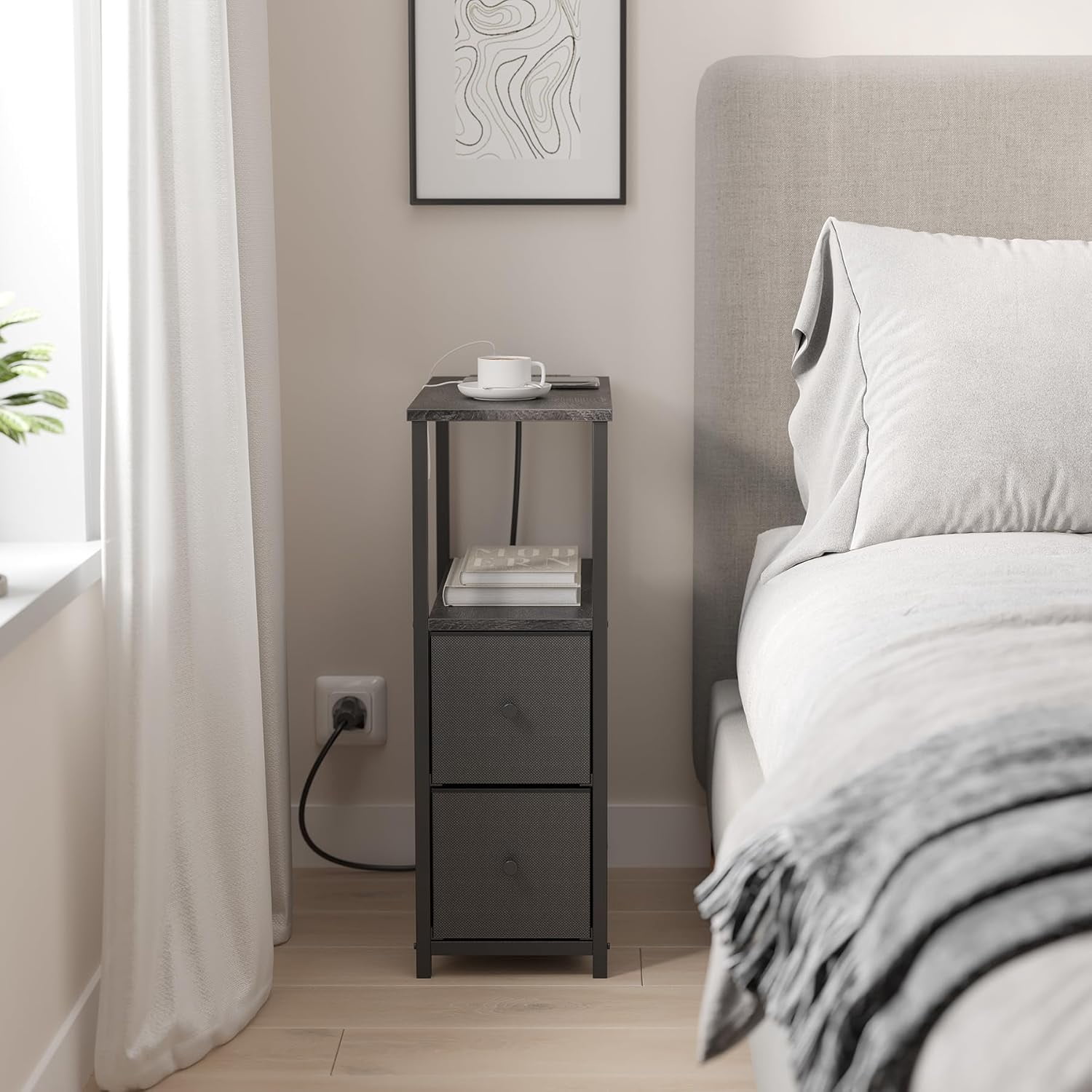 Small Narrow LED End Table with Charging Station, Side Table Outlets, Nightstand with 2 Cloth Drawers, Set of 2, Couch Table, for Living Room, Bedroom, Bedside, Charcoal Grey