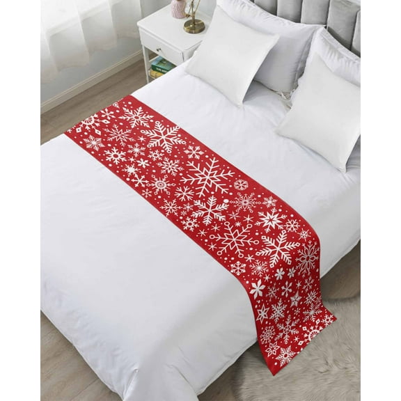 Xipuska Christmas Red Bed Runners for Cal King Size Bed, Decorative Bed Throws for Foot of Bed, Winter Snowflakes Xmas New Year Bed Runner Sofa Throw Bedding Scarf Protector Slipcover for Bedroom