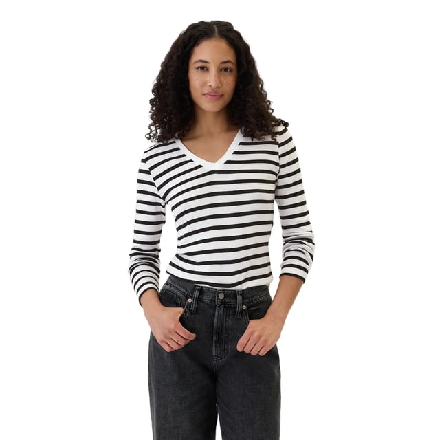 Remera Manga Larga Favorita con Cuello en V para Mujer de GAP Blanca con Rayas Negras