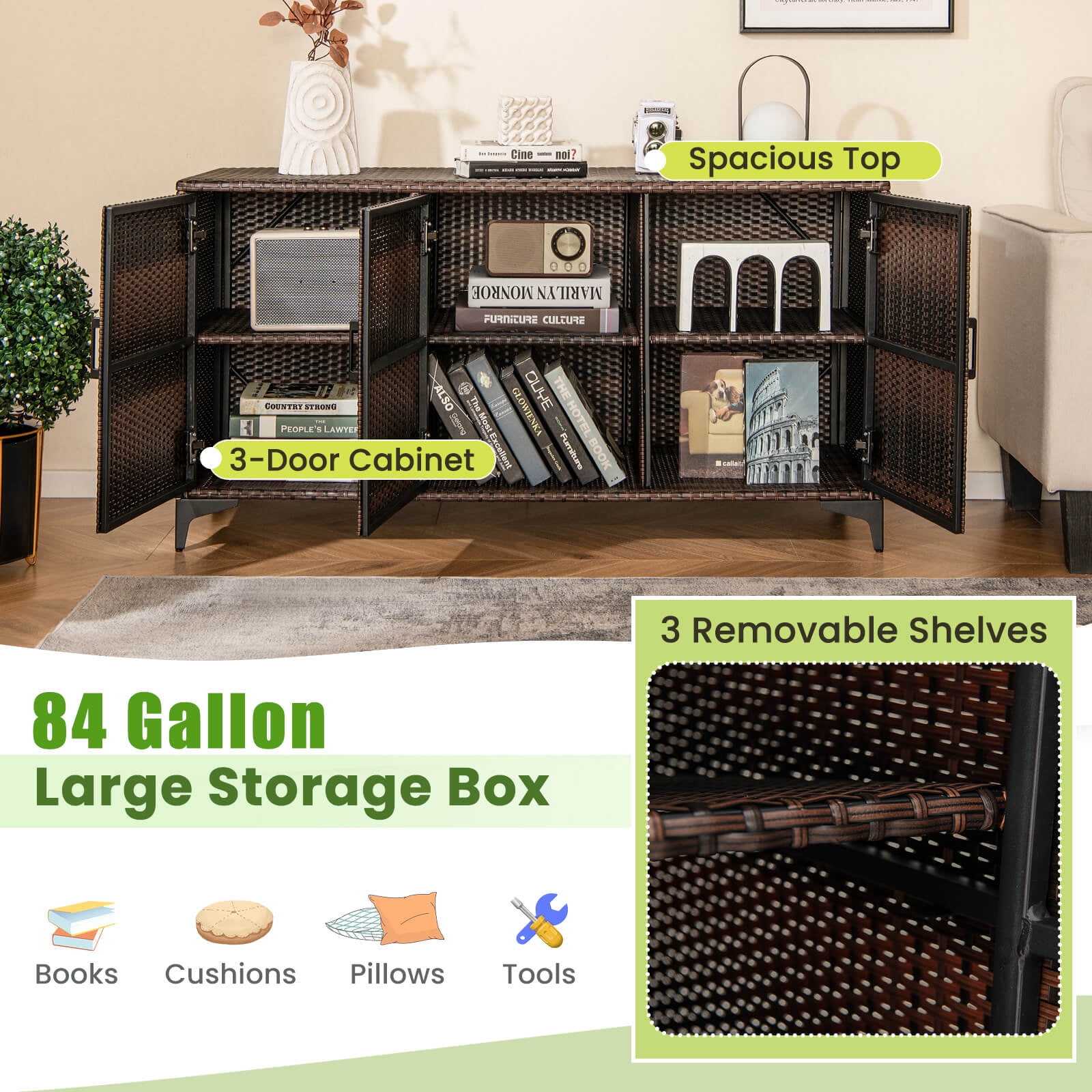 Costway 84 Gallon 3-Door Patio Wicker Storage Cabinet Deck Box with Removable Shelves Brown
