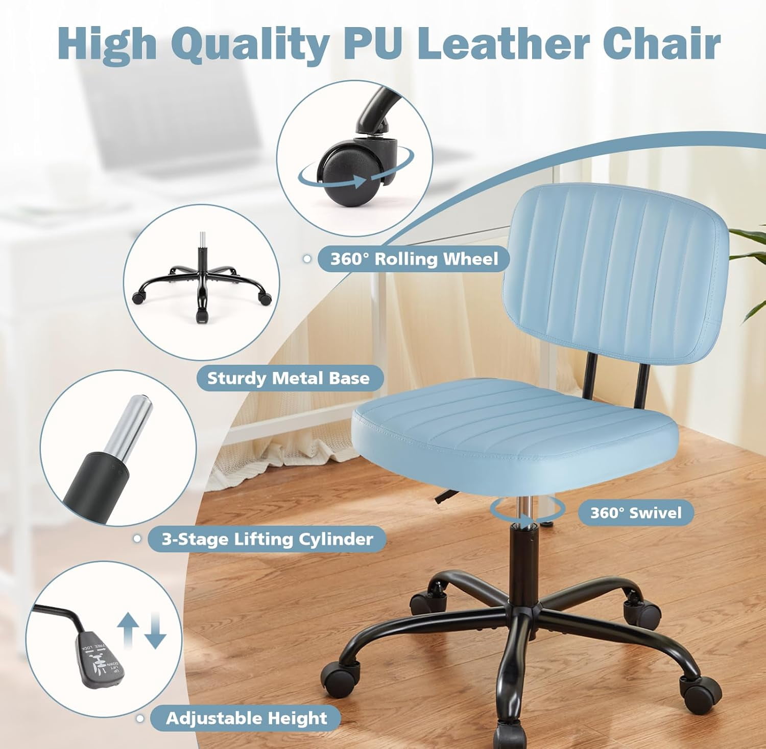 Armless Office Desk Chair with Wheels, Adjustable Height 360° Rolling Swivel Lumbar Support Low-Back Computer Chair, PU Leather, Blue