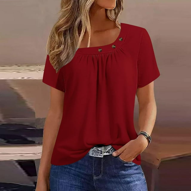 Meichang Hauts pour Femmes Été Couleur Unie T-Shirts Basiques Travail Chic Tunique Habillée Blouses Plissées devant Col Rond Manches Courtes Tee Tops