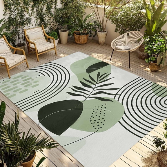 Boho Geometric Outdoor Rug for Patio/Deck/Porch, Non-Slip Large Area Rug 4 x 6 Ft, Farmhouse Green Abstract Stripes Leaves Indoor Outdoor Rugs Washable Area Rugs, Reversible Camping Rug Carpet Runner