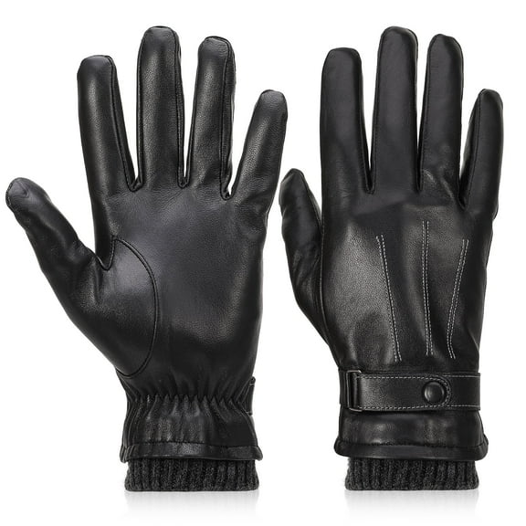 Bocaoying Men's Winter Sheepskin Leather Gloves, Ribbed Non-Slip Cuffs Warm Gloves with Buckle Design, Touchscreen Driving Gloves for Motorcycle or Sports, Black/M