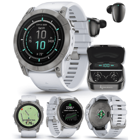 Garmin epix Pro (Gen 2) Sapphire Edition, 51mm, High Performance Smartwatch, Advanced Training Technology, Built-in Flashlight, Whitestone with Wearable4U Black EarBuds Bundle