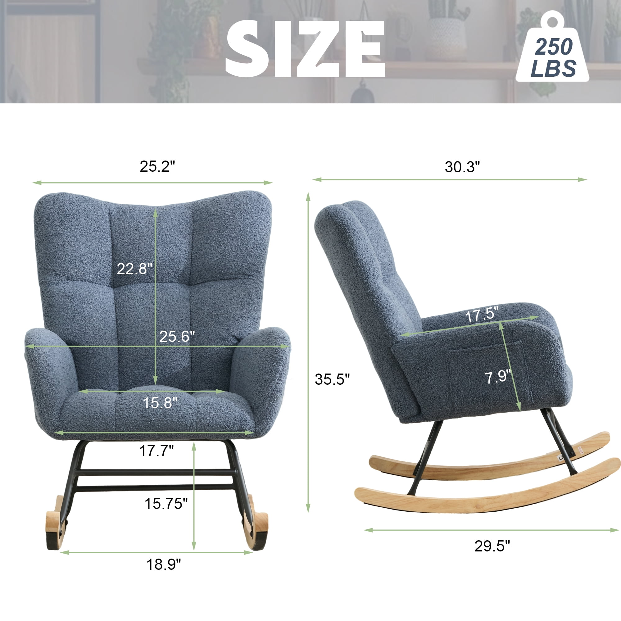 Leumius Rocking Chair Nursery,Teddy Upholstered Glider Rocker with High Backrest,Modern Rocking Accent Chairs Glider Recliner for Living Room, Nursery, Bedroom,Navy