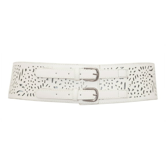 eVogues Plus Size Vintage Faux Leather Wide Elastic Belt White
