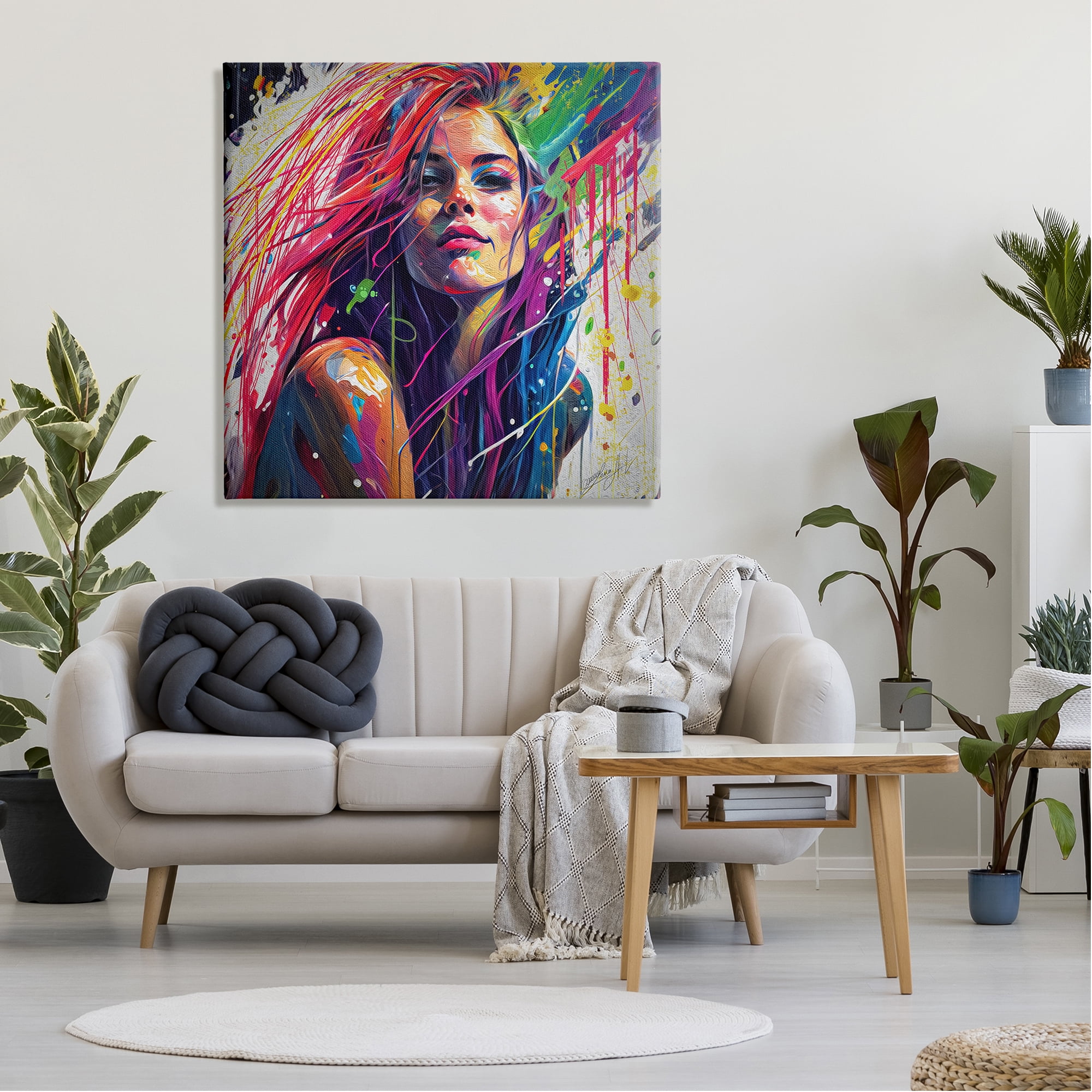 Stupell Industries Modern Girl with Paint Splatter Abstract Painting Gallery Wrapped Canvas Print Wall Art, 36 x 36