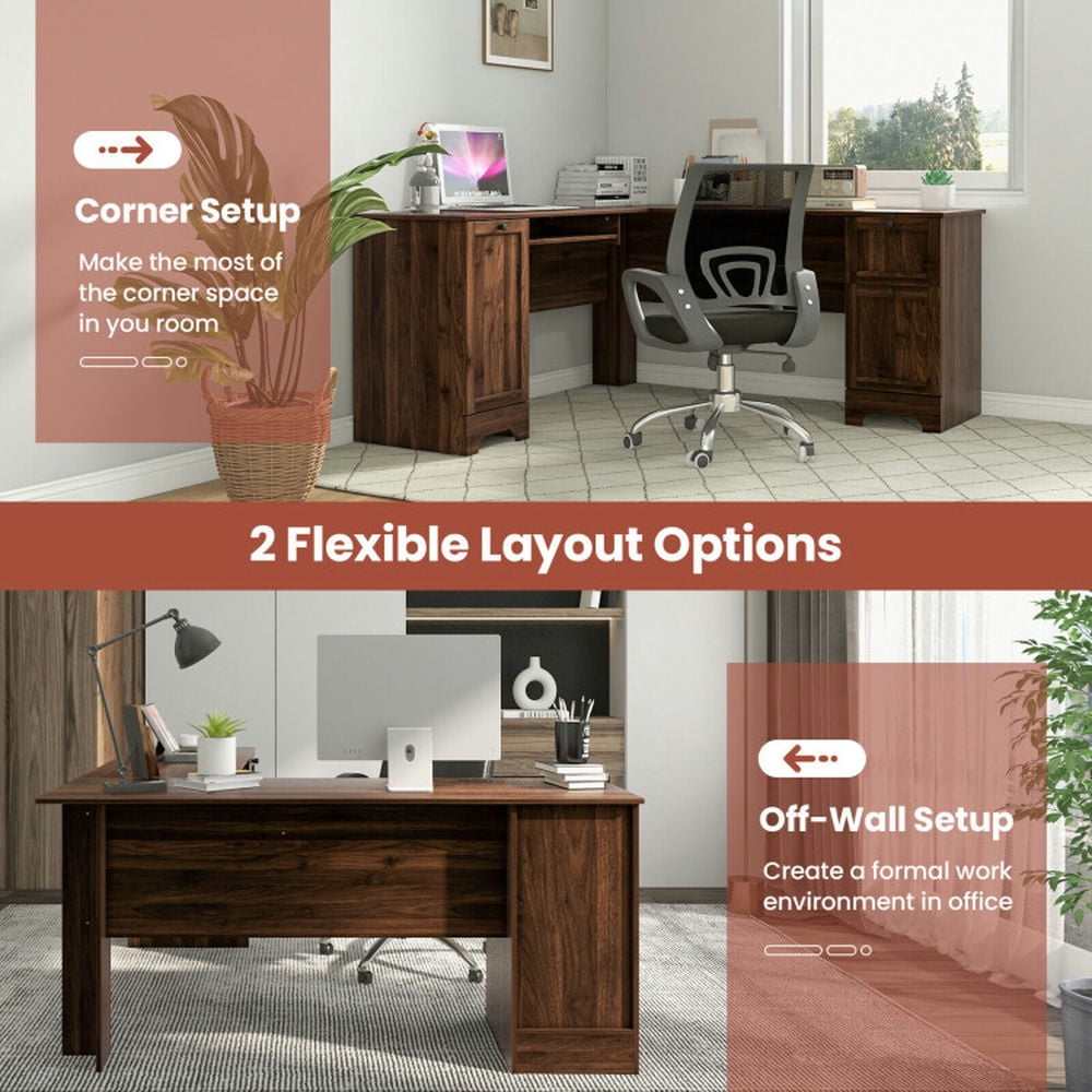 Demi Bonn L-Shaped Office Desk with Storage Drawers and Keyboard Tray, Small Home Computer Desk Study Writing Table, Walnut