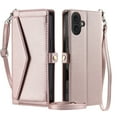 thumbnail image 2 of Compatible with iPhone 16 Crossbody Wallet Case with Card Holder,Women Men RFID Blocking PU Leather Flip Cover Wrist Strap Card Slots Cash Pocket ,Phone Case for iPhone 16,Rosegold, 2 of 10