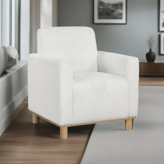 Mason White Boucle Armchair - Living Room Accent Chair with Wood Legs. Luxurious polyester boucle fabric, pocket spring seat, and natural wood legs. Perfect for bedroom or office. 29.5"W x 34.25"H.