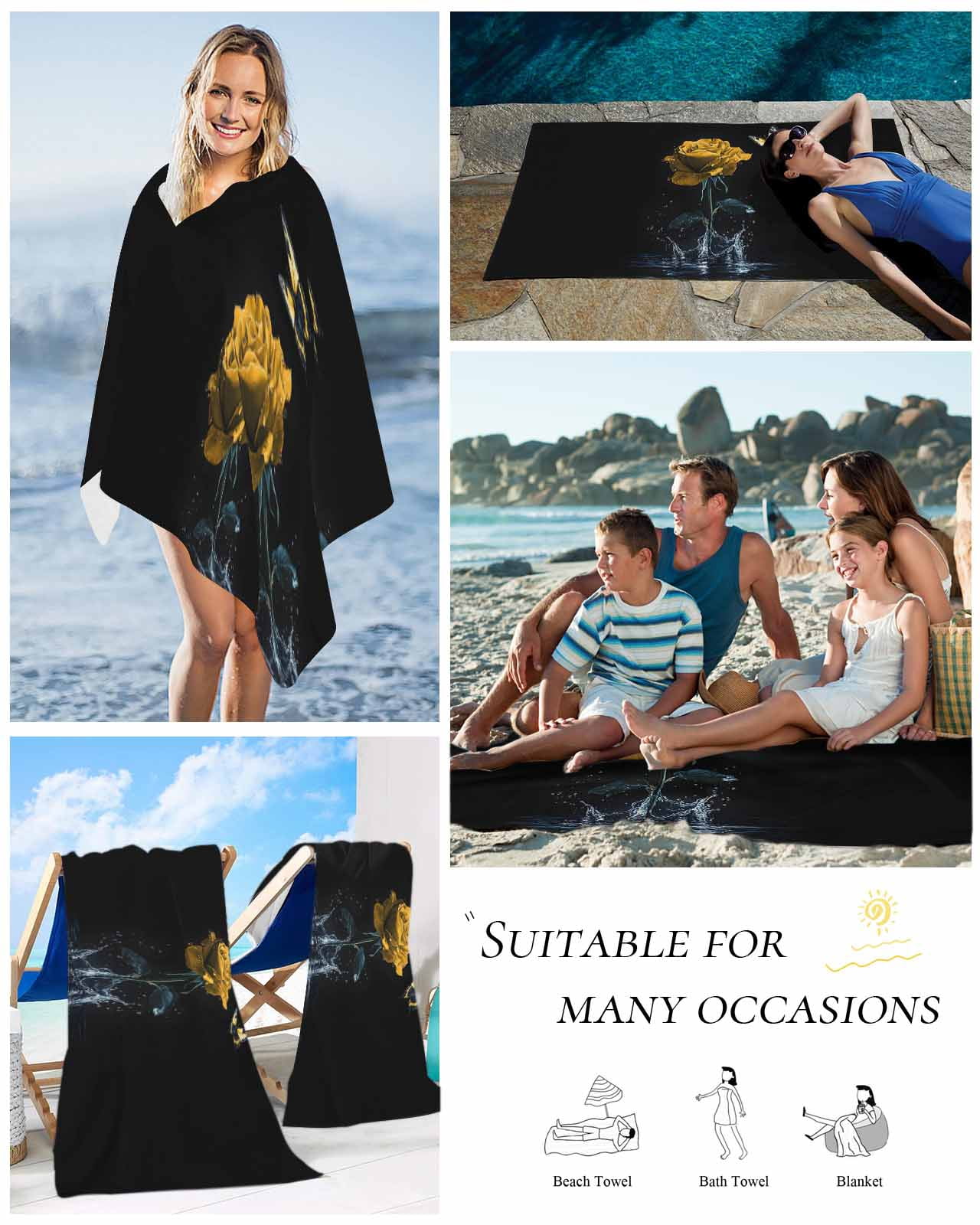Yellow Roses Beach Towels Oversized Super Absorbent, Modern Art Splash Flowers Butterfly Lightweight Bath Towel Quick Dry Sets For Bathroom/Pool/Rv Camping/Beach Play/Gym Room/Picnic 30"x60"