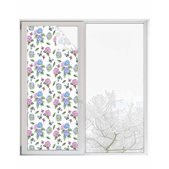 Window Privacy Film Pink Blue Hydrangea Stained Glass Window Film Decorative Sun Block Window Cover Pastoral Watercolor Botanical Flowers Window Clings Static Sticker for Bathroom 29.5"x78.7"