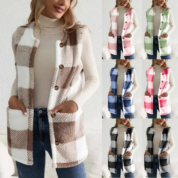 Women's Sherpa Vest Crew Neck Sleeveless Gilet Women Winter Plus Velvet Warm Coat Outerwear with Pockets