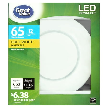 Great Value LED Light Bulb, 12W (65W Equivalent) Downlight Lamp E26 Medium Base, Dimmable, Soft