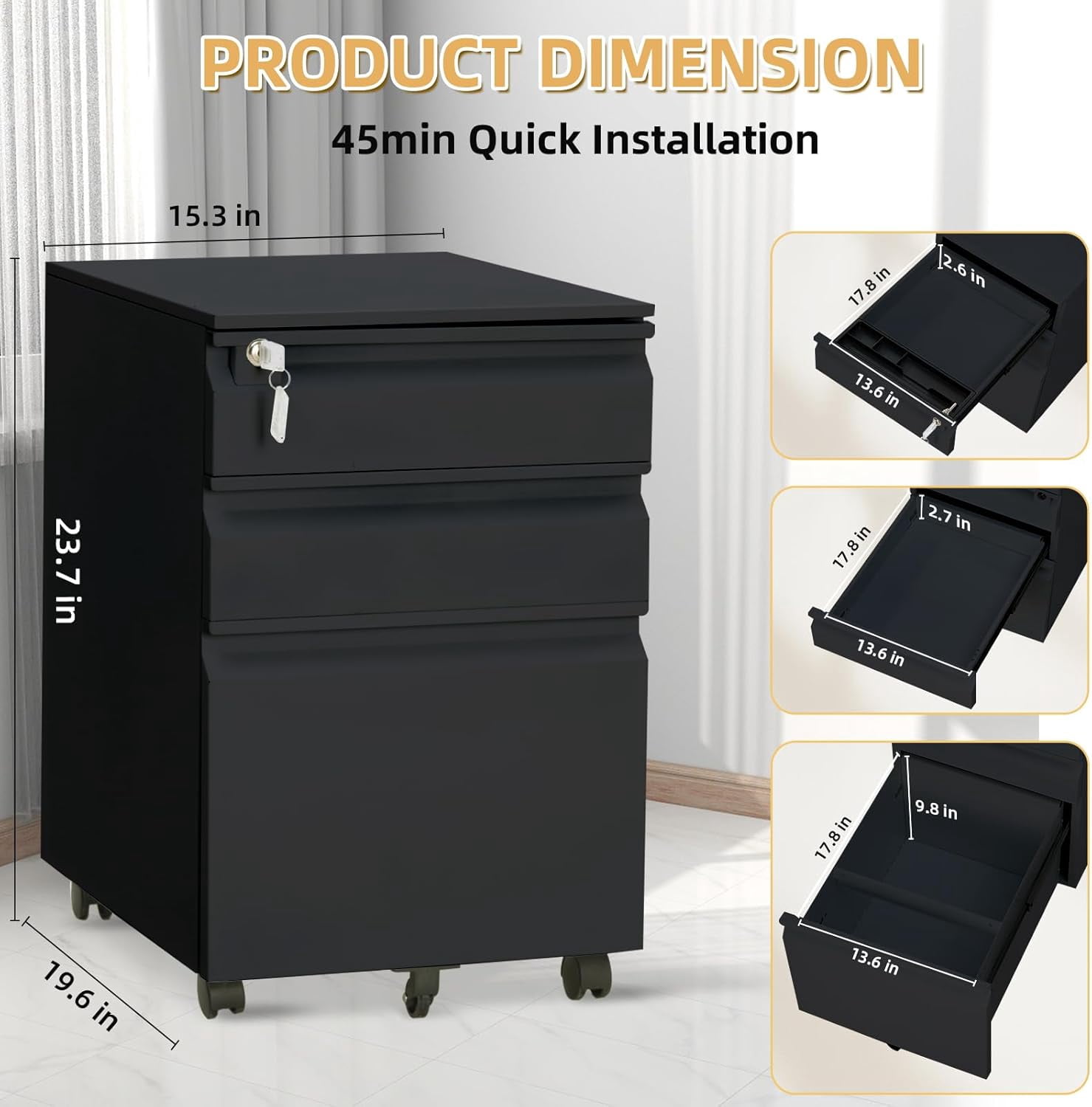 Filing Cabinets for Home Office,Mobile File Cabinet with Lock 3 Drawer Filing Cabinet for A4/Letter/Legal Size Folder (Un-Assembled)